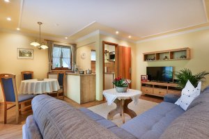 Wohnzimmer mit integr. Küche -  Ferienwohnung Steinberg im Oslhof