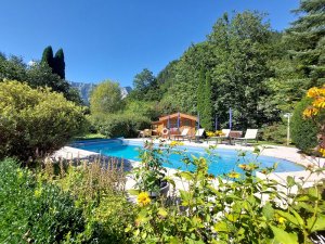 Blick auf unseren Pool mit Liegebereich